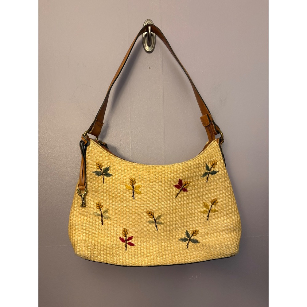 VTG Fossil Straw Hobo Bag Embroidered Floral Tan Leather Trim Shoulder Purse
